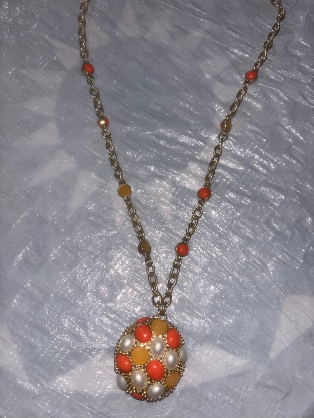 Gold-Tone Necklace with Coral, Mustard and Pearl Bead Pendant